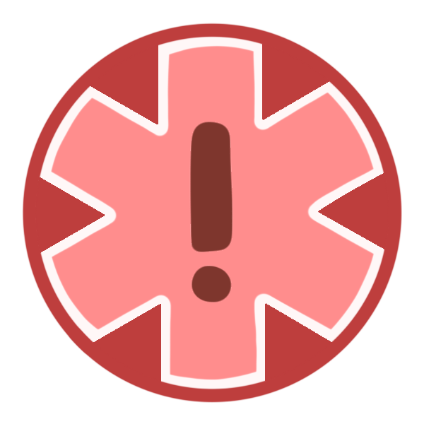 a red circle with a large medical alert asterisk inside it, and an exclamation point in the middle.